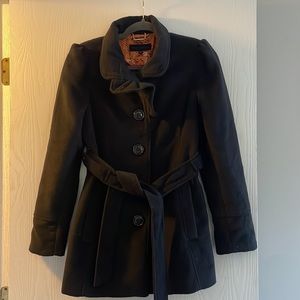 Steve Madden Button Up Pea Coat with ruffle collar and belt, Black, medium